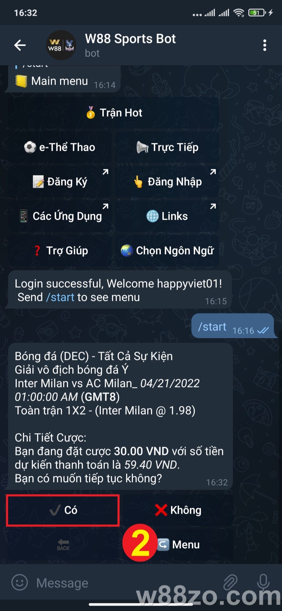 Hướng dẫn sử dụng Telegram W88 đặt cược thể thao nhanh chóng (17)